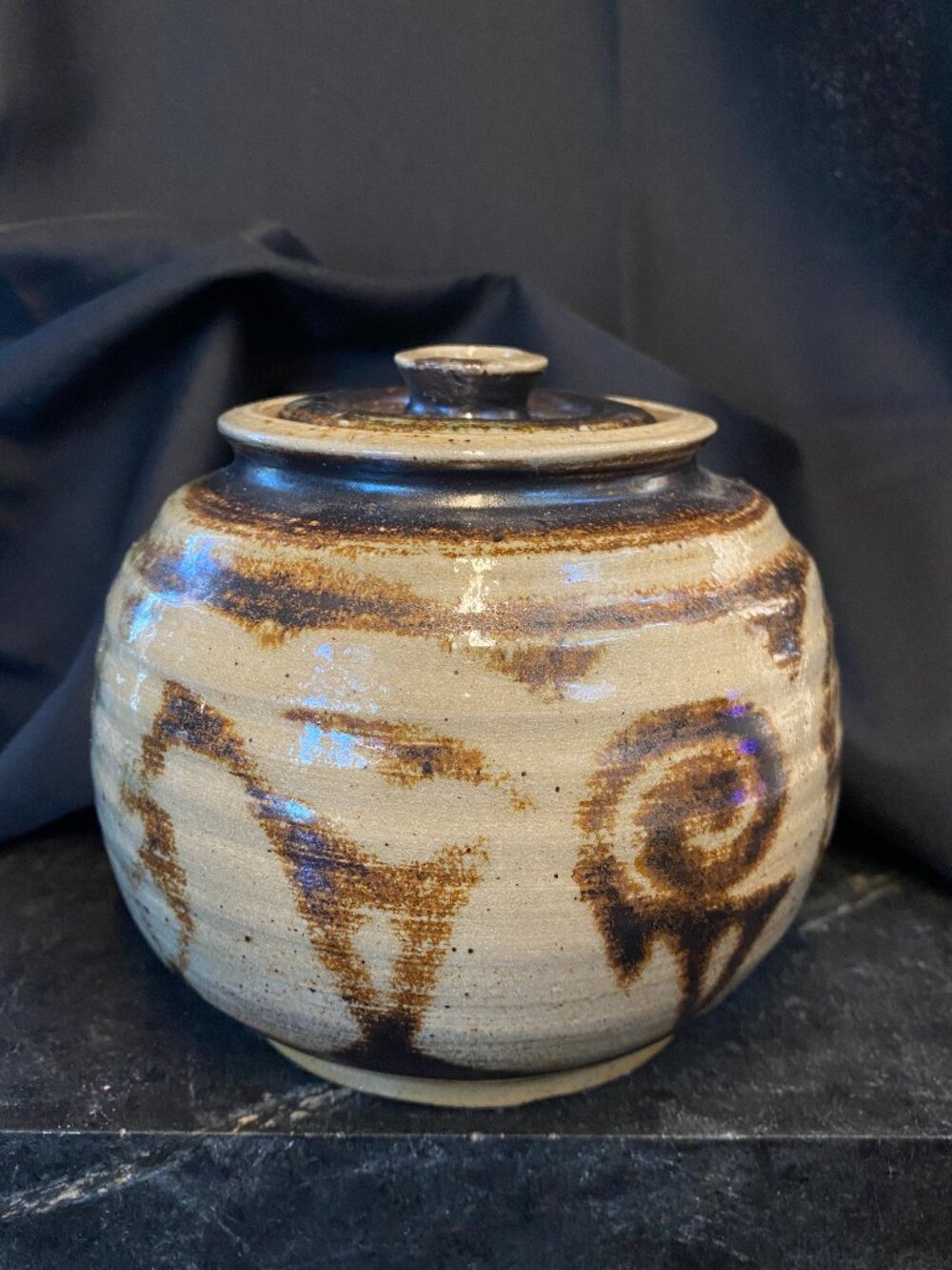 Vintage Studio Pottery Lidded Stoneware Jar – Earthy Glaze & Iron Brushwork